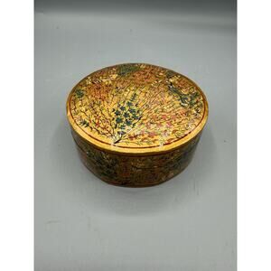 Hand Painted Floral Bird Trinket Box Gold Round Papier Mache Kashmir Style